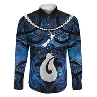 Personalized Maori Matariki Hei Matau Family Matching Tank Maxi Dress and Hawaiian Shirt Maori Kowhaiwhai Pattern Galaxy LT01 Dad's Shirt - Long Sleeve Blue - Polynesian Pride
