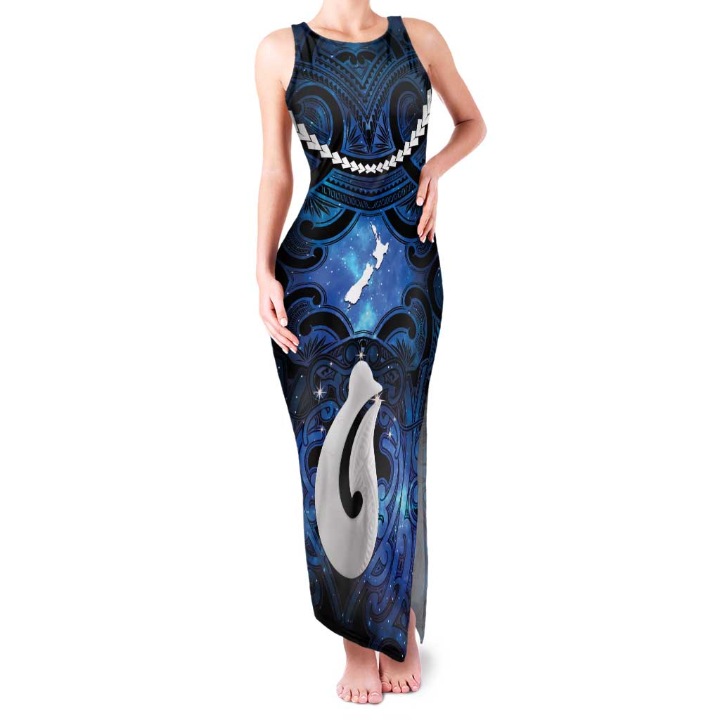 Personalized Maori Matariki Hei Matau Family Matching Tank Maxi Dress and Hawaiian Shirt Maori Kowhaiwhai Pattern Galaxy LT01 Mom's Dress Blue - Polynesian Pride