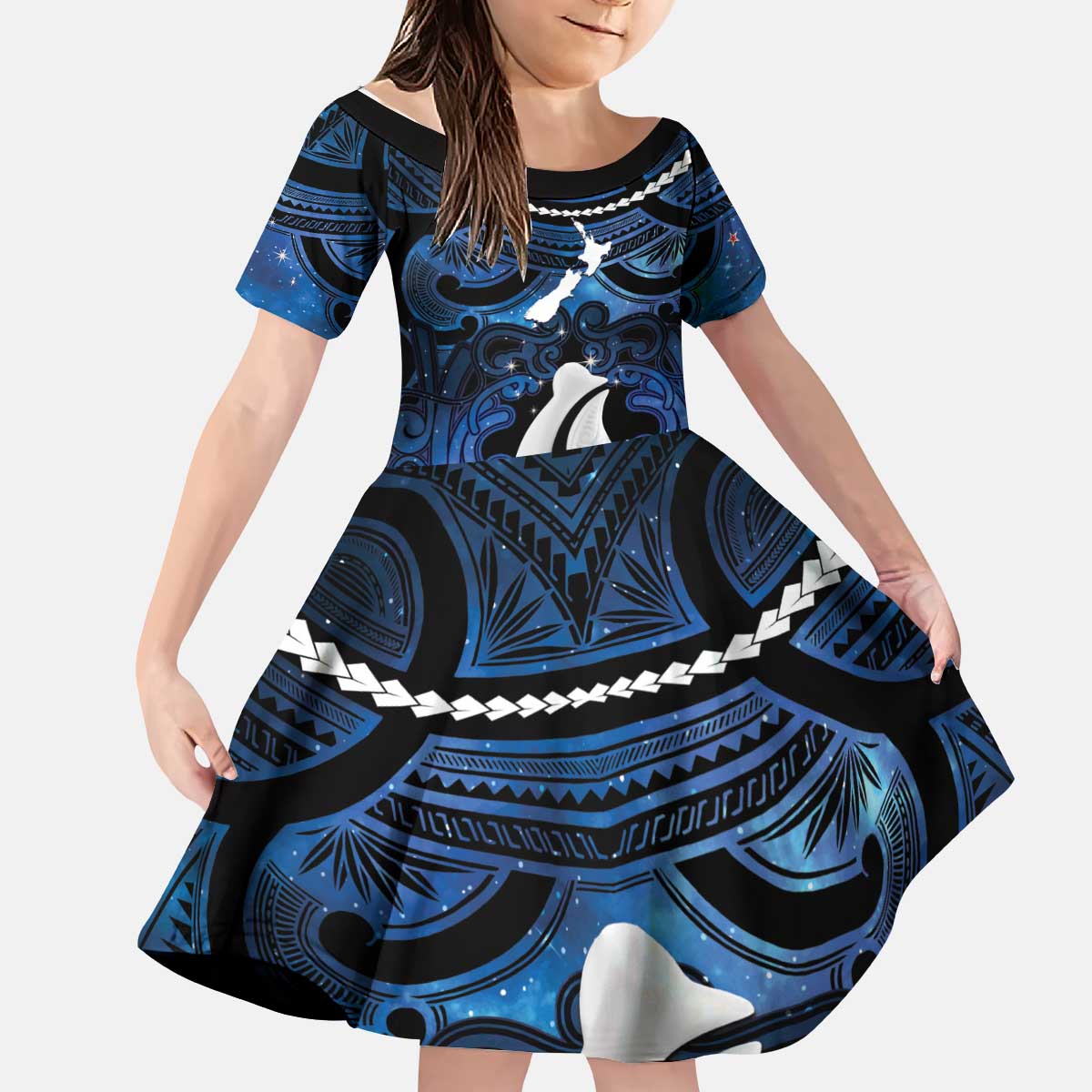 Personalized Maori Matariki Hei Matau Kid Short Sleeve Dress Maori Kowhaiwhai Pattern Galaxy