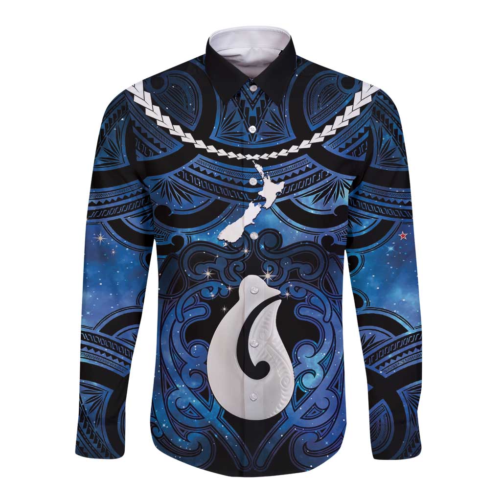 Personalized Maori Matariki Hei Matau Long Sleeve Button Shirt Maori Kowhaiwhai Pattern Galaxy