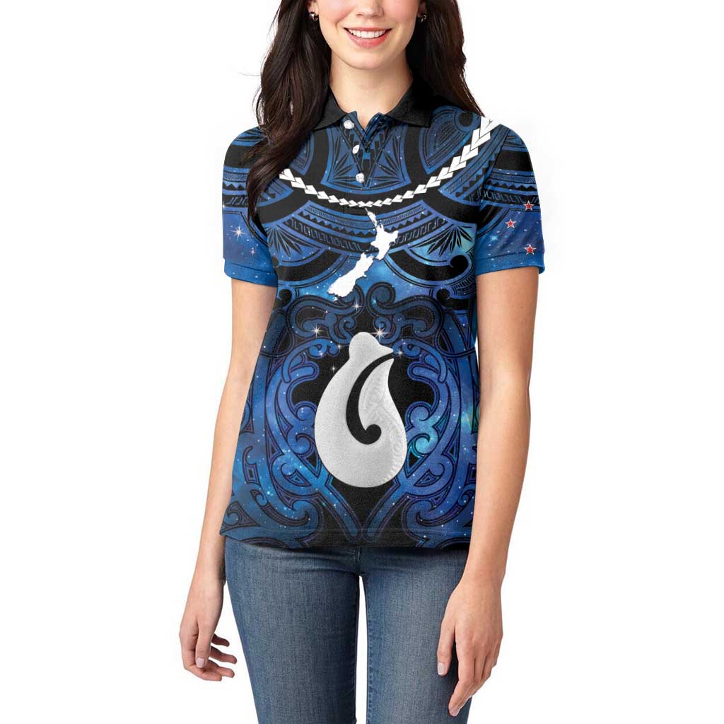 Personalized Maori Matariki Hei Matau Women Polo Shirt Maori Kowhaiwhai Pattern Galaxy