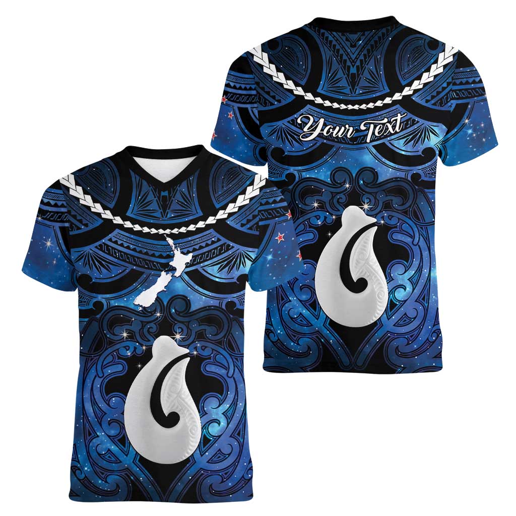 Personalized Maori Matariki Hei Matau Women V-Neck T-Shirt Maori Kowhaiwhai Pattern Galaxy