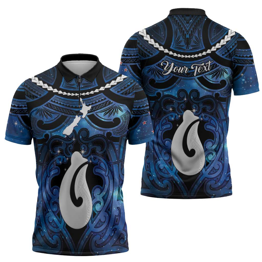 Personalized Maori Matariki Hei Matau Zipper Polo Shirt Maori Kowhaiwhai Pattern Galaxy