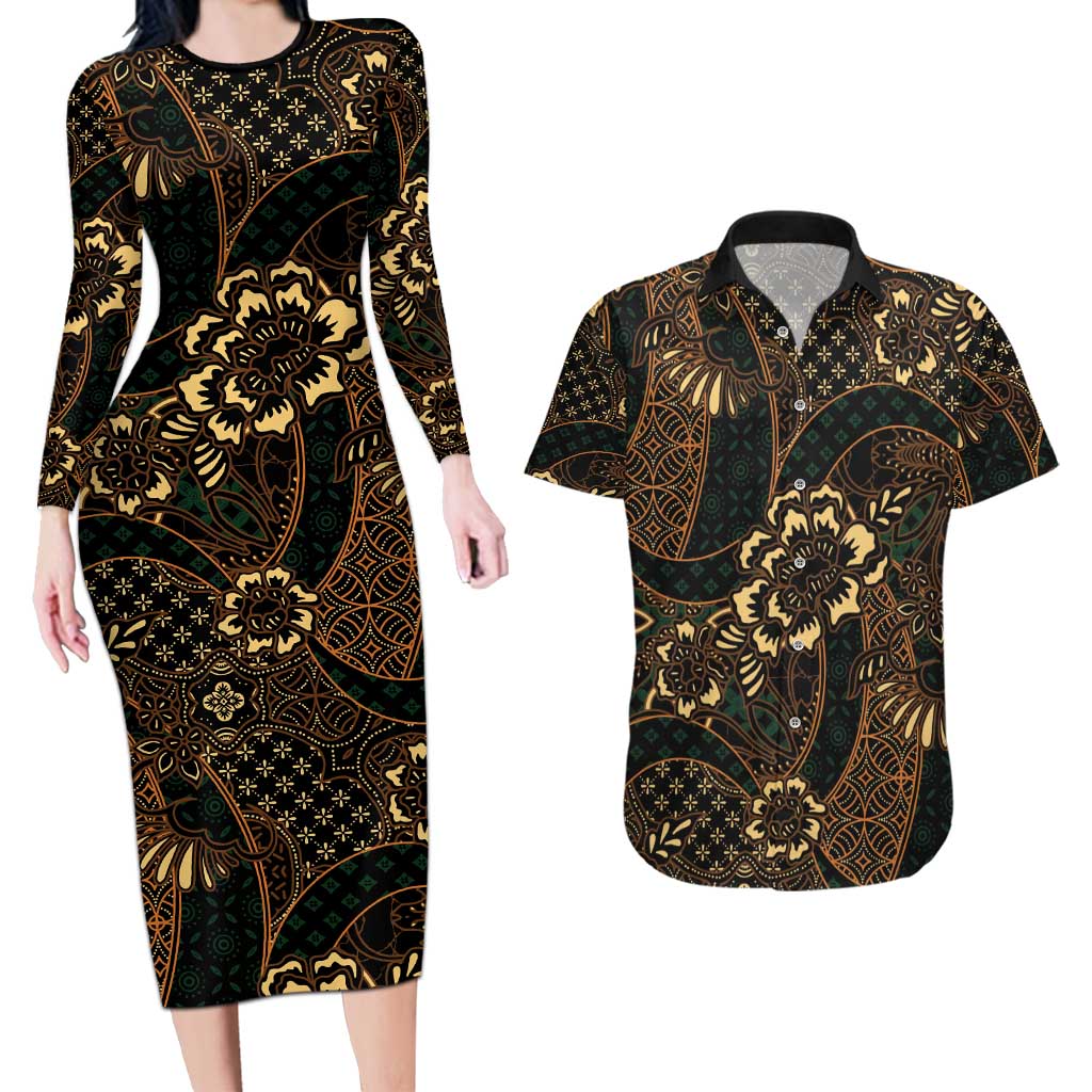 Indonesian Batik Pattern Vintage Brown Couples Matching Long Sleeve Bodycon Dress and Hawaiian Shirt LT01 Brown - Polynesian Pride