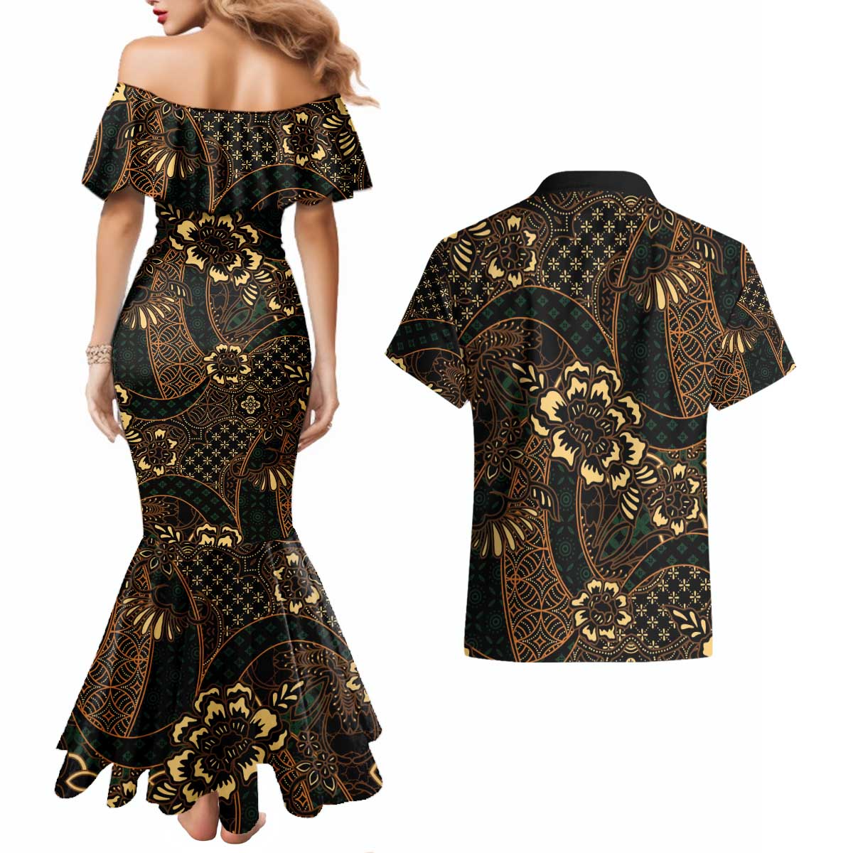Indonesian Batik Pattern Vintage Brown Couples Matching Mermaid Dress and Hawaiian Shirt