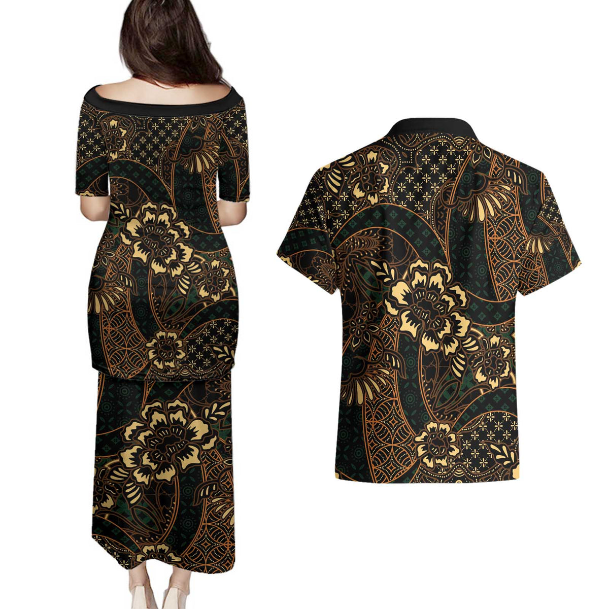 Indonesian Batik Pattern Vintage Brown Couples Matching Puletasi and Hawaiian Shirt