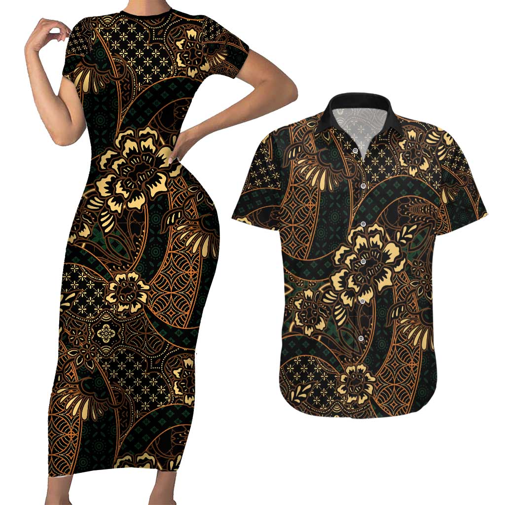 Indonesian Batik Pattern Vintage Brown Couples Matching Short Sleeve Bodycon Dress and Hawaiian Shirt LT01 Brown - Polynesian Pride