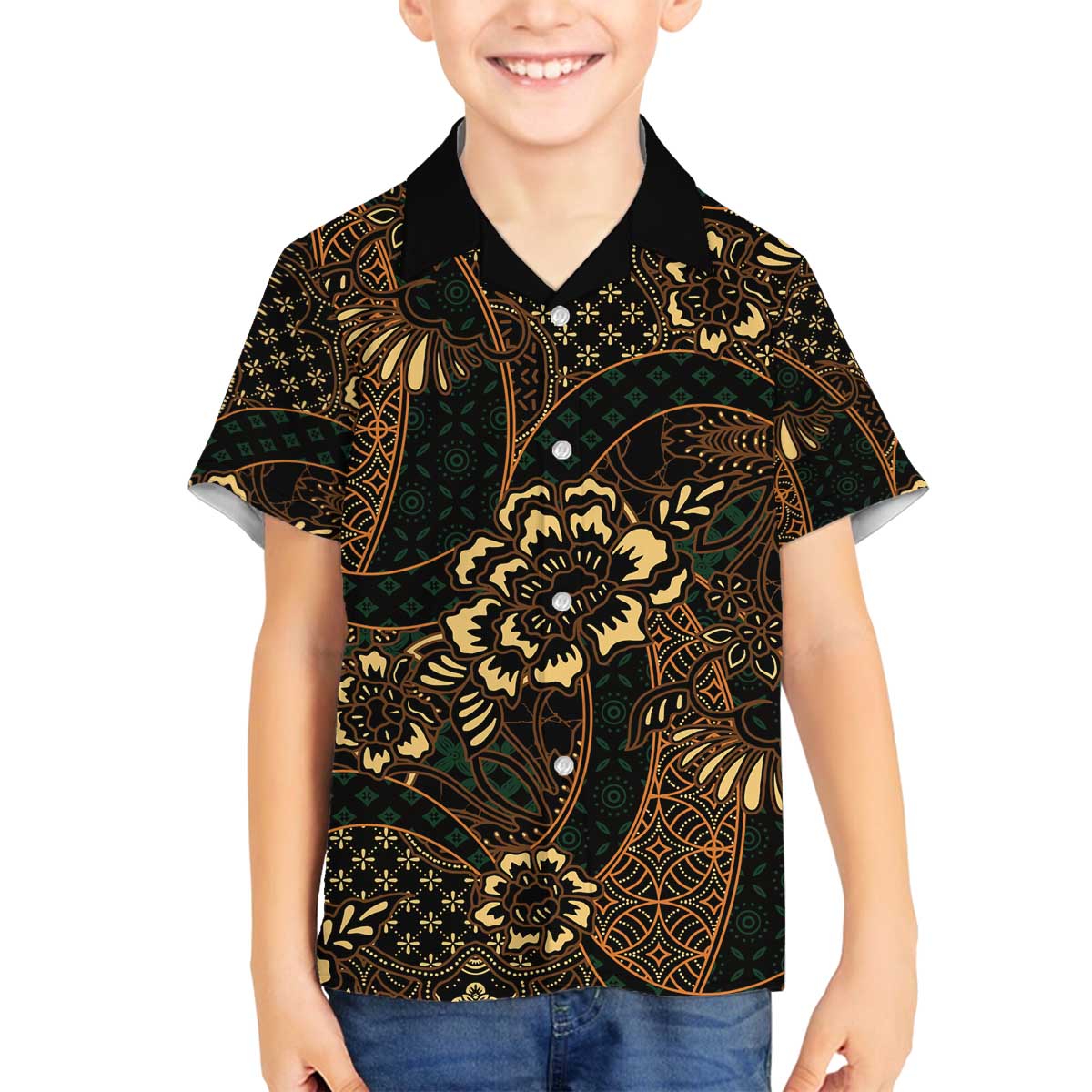 Indonesian Batik Pattern Vintage Brown Family Matching Off The Shoulder Long Sleeve Dress and Hawaiian Shirt