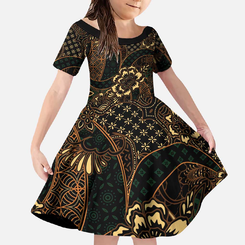 Indonesian Batik Pattern Vintage Brown Family Matching Off Shoulder Maxi Dress and Hawaiian Shirt
