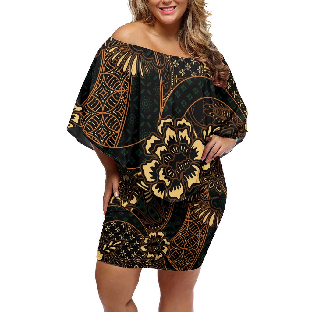 Indonesian Batik Pattern Vintage Brown Family Matching Off Shoulder Short Dress and Hawaiian Shirt