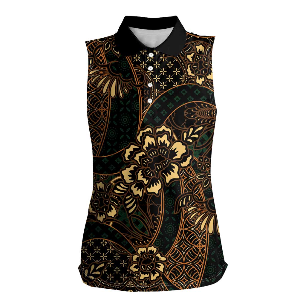 Indonesian Batik Pattern Vintage Brown Women Sleeveless Polo Shirt