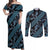Indonesia Batik Pattern Couples Matching Off Shoulder Maxi Dress and Long Sleeve Button Shirt Blue Version