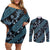 Indonesia Batik Pattern Couples Matching Off Shoulder Short Dress and Long Sleeve Button Shirt Blue Version