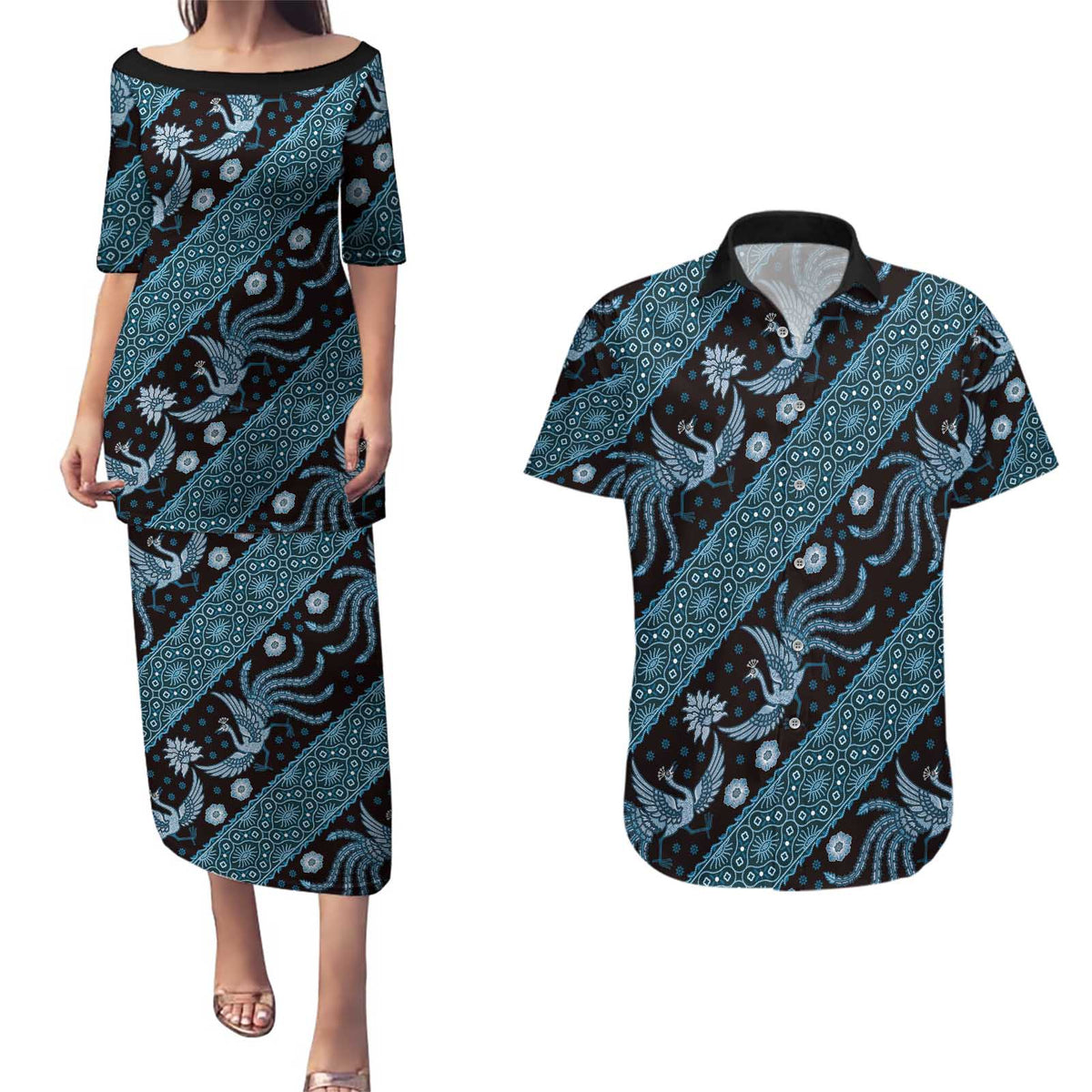 Indonesia Batik Pattern Couples Matching Puletasi and Hawaiian Shirt Blue Version