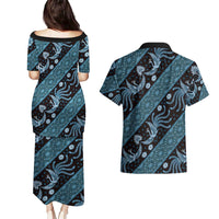 Indonesia Batik Pattern Couples Matching Puletasi and Hawaiian Shirt Blue Version