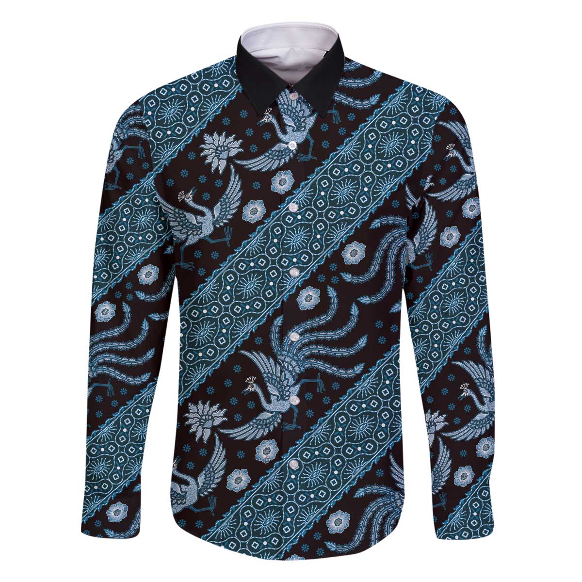 Indonesia Batik Pattern Family Matching Off The Shoulder Long Sleeve Dress and Hawaiian Shirt Blue Version
