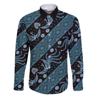 Indonesia Batik Pattern Family Matching Off Shoulder Maxi Dress and Hawaiian Shirt Blue Version