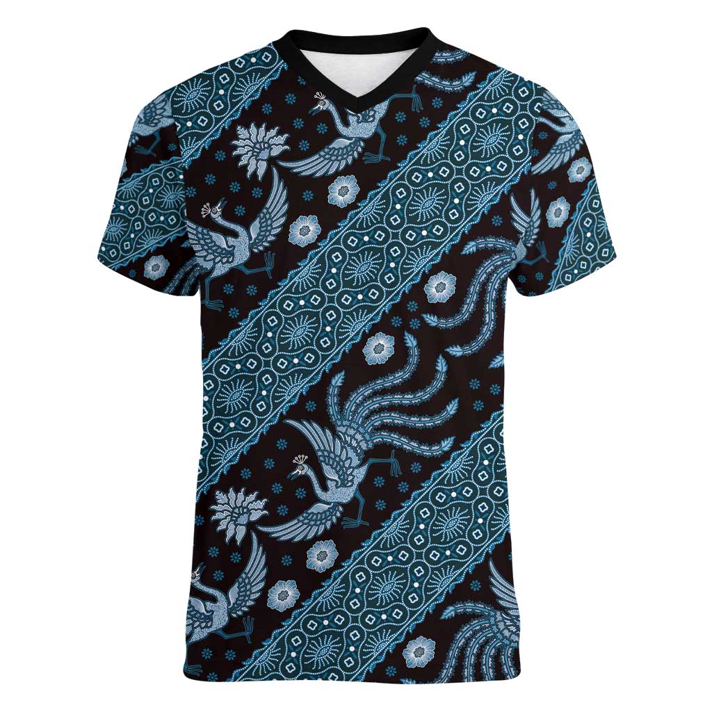 Indonesia Batik Pattern Women V-Neck T-Shirt Blue Version