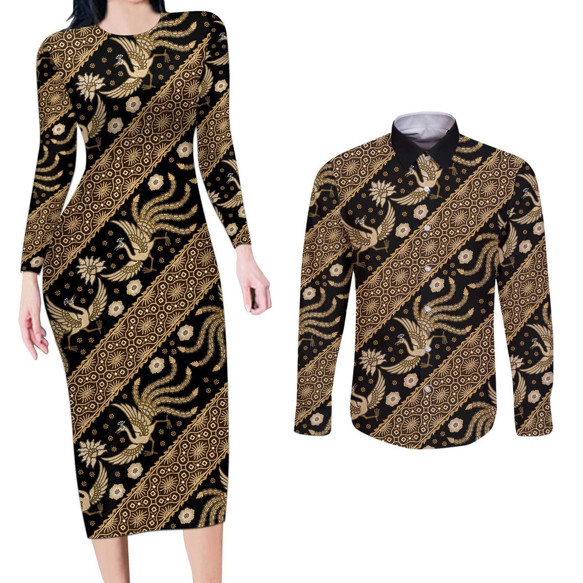 Indonesia Batik Pattern Couples Matching Long Sleeve Bodycon Dress and Long Sleeve Button Shirt Gold Version LT01 Gold - Polynesian Pride