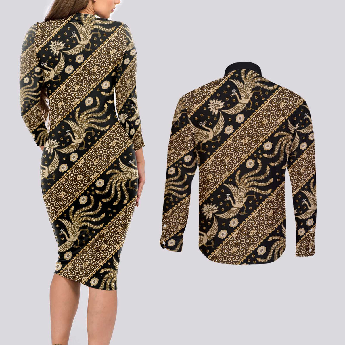 Indonesia Batik Pattern Couples Matching Long Sleeve Bodycon Dress and Long Sleeve Button Shirt Gold Version LT01 - Polynesian Pride