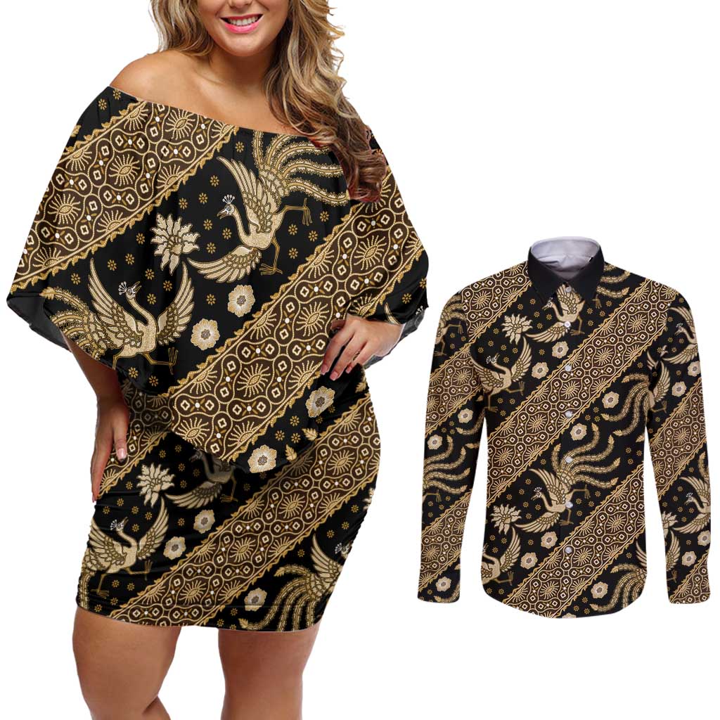 Indonesia Batik Pattern Couples Matching Off Shoulder Short Dress and Long Sleeve Button Shirt Gold Version