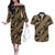 Indonesia Batik Pattern Couples Matching Off The Shoulder Long Sleeve Dress and Hawaiian Shirt Gold Version