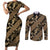 Indonesia Batik Pattern Couples Matching Short Sleeve Bodycon Dress and Long Sleeve Button Shirt Gold Version