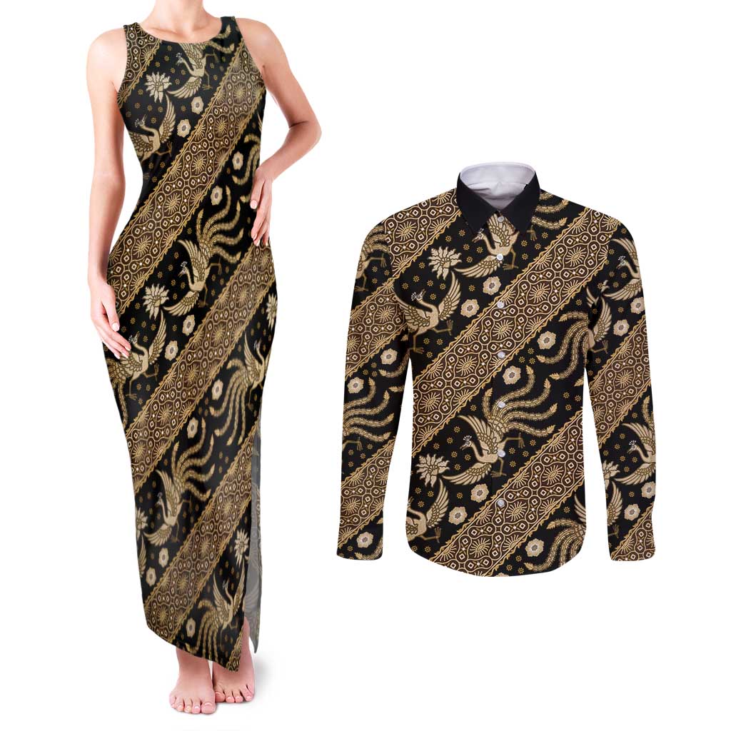 Indonesia Batik Pattern Couples Matching Tank Maxi Dress and Long Sleeve Button Shirt Gold Version