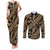 Indonesia Batik Pattern Couples Matching Tank Maxi Dress and Long Sleeve Button Shirt Gold Version
