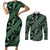 Indonesia Batik Pattern Couples Matching Short Sleeve Bodycon Dress and Long Sleeve Button Shirt Green Version