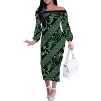 Indonesia Batik Pattern Family Matching Off The Shoulder Long Sleeve Dress and Hawaiian Shirt Green Version