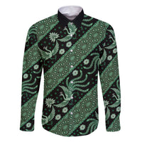 Indonesia Batik Pattern Family Matching Off Shoulder Maxi Dress and Hawaiian Shirt Green Version