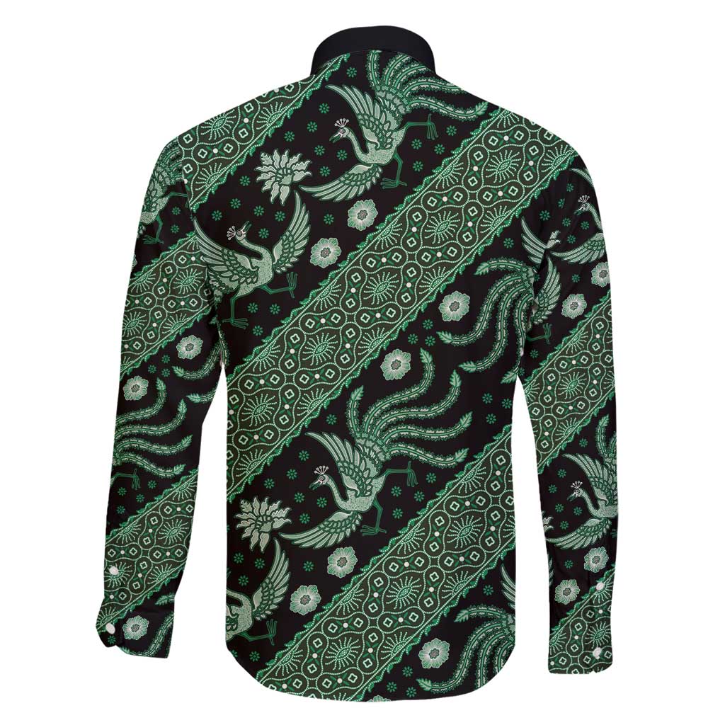 Indonesia Batik Pattern Family Matching Off Shoulder Maxi Dress and Hawaiian Shirt Green Version