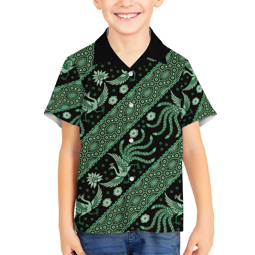 Indonesia Batik Pattern Family Matching Off Shoulder Maxi Dress and Hawaiian Shirt Green Version