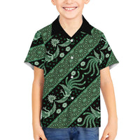 Indonesia Batik Pattern Family Matching Off Shoulder Maxi Dress and Hawaiian Shirt Green Version