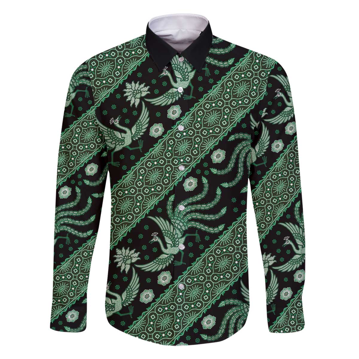 Indonesia Batik Pattern Family Matching Off Shoulder Short Dress and Hawaiian Shirt Green Version