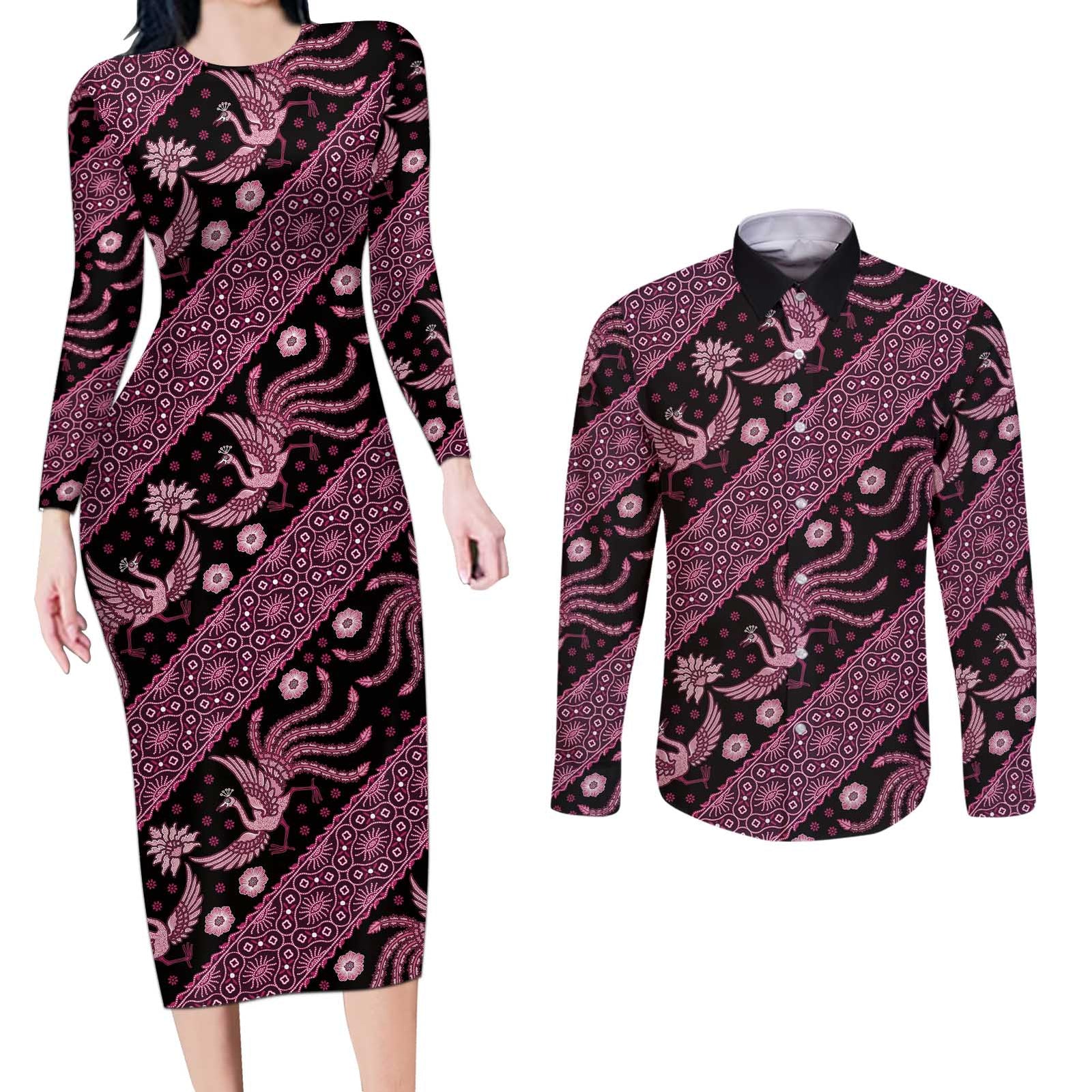 Indonesia Batik Pattern Couples Matching Long Sleeve Bodycon Dress and Long Sleeve Button Shirt Pink Version
