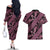 Indonesia Batik Pattern Couples Matching Off The Shoulder Long Sleeve Dress and Hawaiian Shirt Pink Version