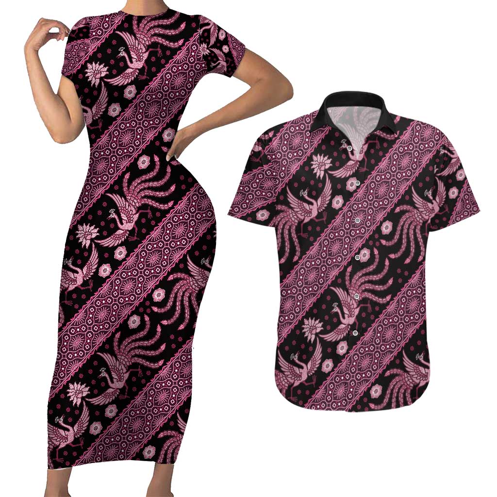 Indonesia Batik Pattern Couples Matching Short Sleeve Bodycon Dress and Hawaiian Shirt Pink Version LT01 Pink - Polynesian Pride