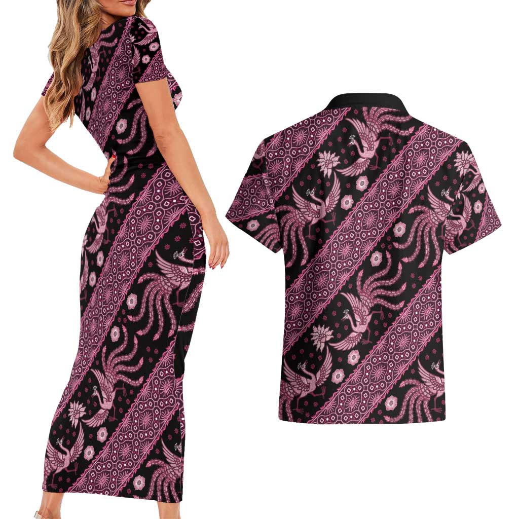 Indonesia Batik Pattern Couples Matching Short Sleeve Bodycon Dress and Hawaiian Shirt Pink Version LT01 - Polynesian Pride