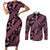 Indonesia Batik Pattern Couples Matching Short Sleeve Bodycon Dress and Long Sleeve Button Shirt Pink Version