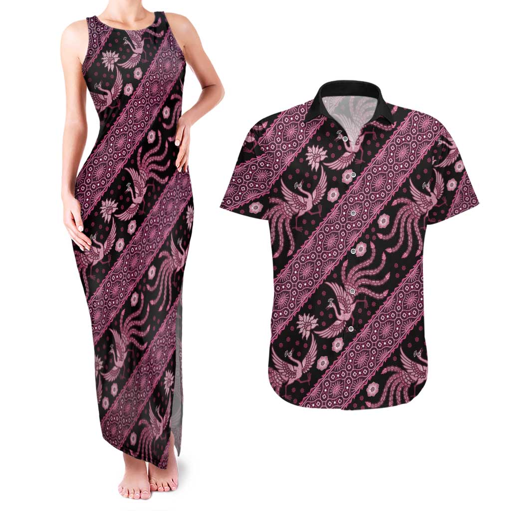 Indonesia Batik Pattern Couples Matching Tank Maxi Dress and Hawaiian Shirt Pink Version