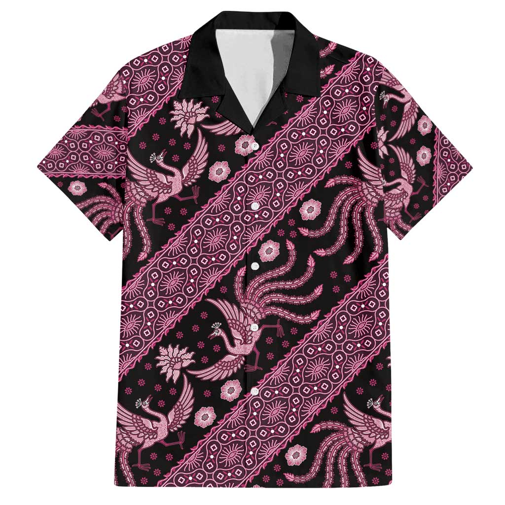 Indonesia Batik Pattern Family Matching Off Shoulder Maxi Dress and Hawaiian Shirt Pink Version
