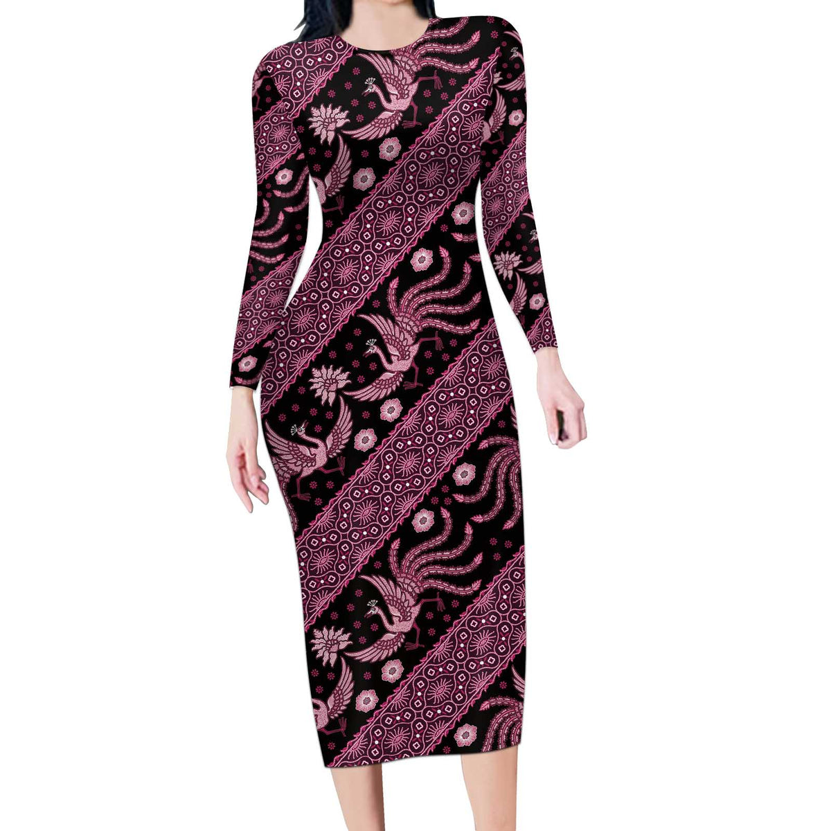 Indonesia Batik Pattern Long Sleeve Bodycon Dress Pink Version