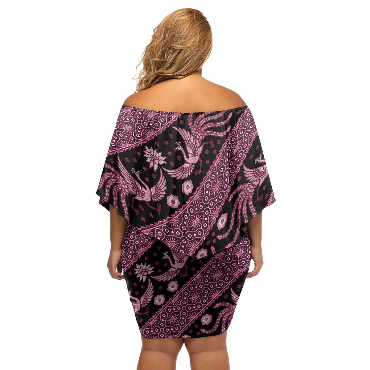 Indonesia Batik Pattern Off Shoulder Short Dress Pink Version