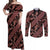Indonesia Batik Pattern Couples Matching Off Shoulder Maxi Dress and Long Sleeve Button Shirt Red Version