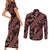 Indonesia Batik Pattern Couples Matching Short Sleeve Bodycon Dress and Long Sleeve Button Shirt Red Version