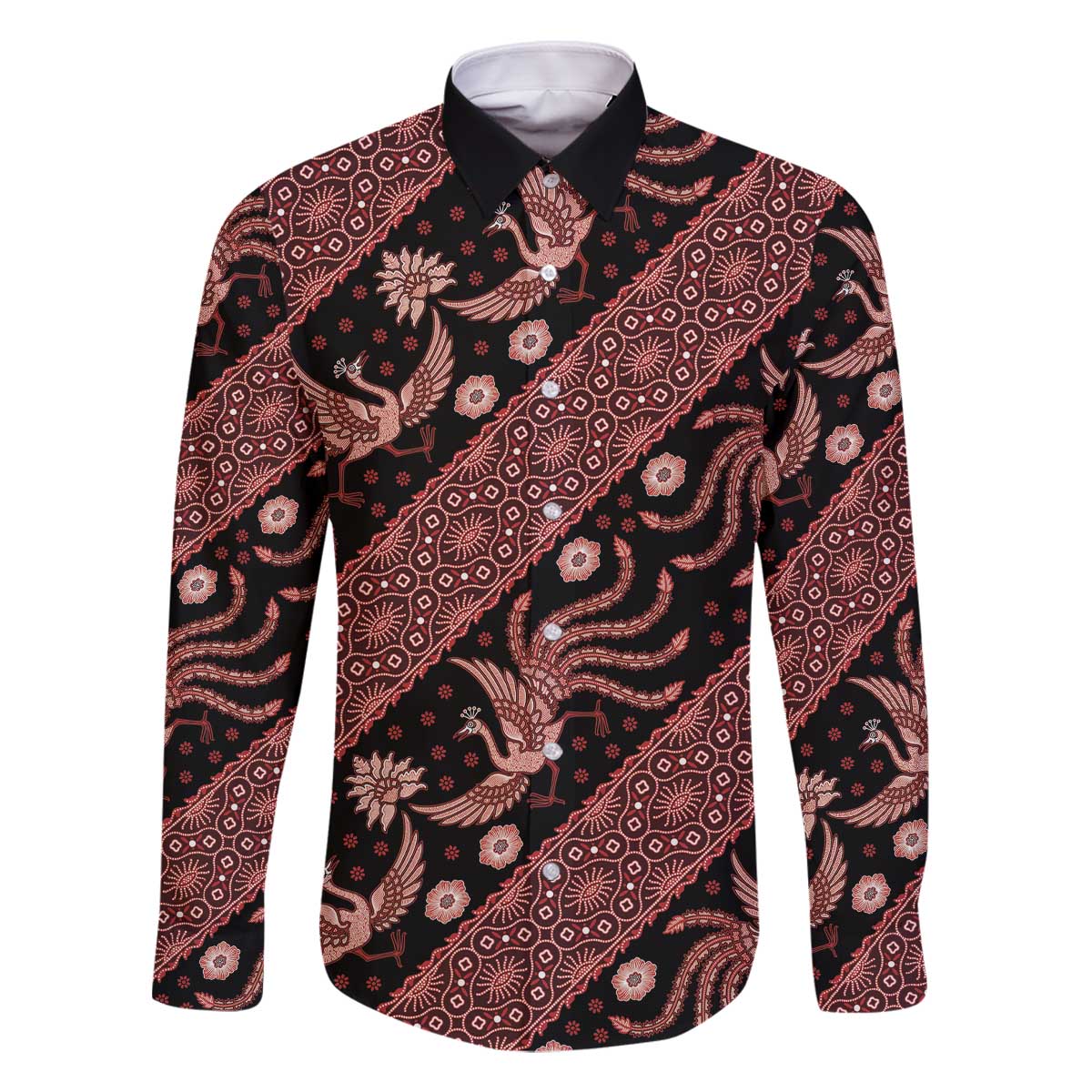 Indonesia Batik Pattern Family Matching Off The Shoulder Long Sleeve Dress and Hawaiian Shirt Red Version
