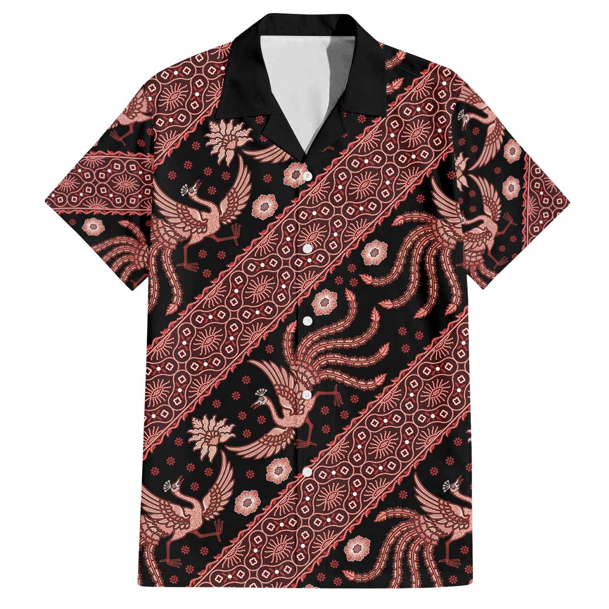 Indonesia Batik Pattern Family Matching Off Shoulder Short Dress and Hawaiian Shirt Red Version