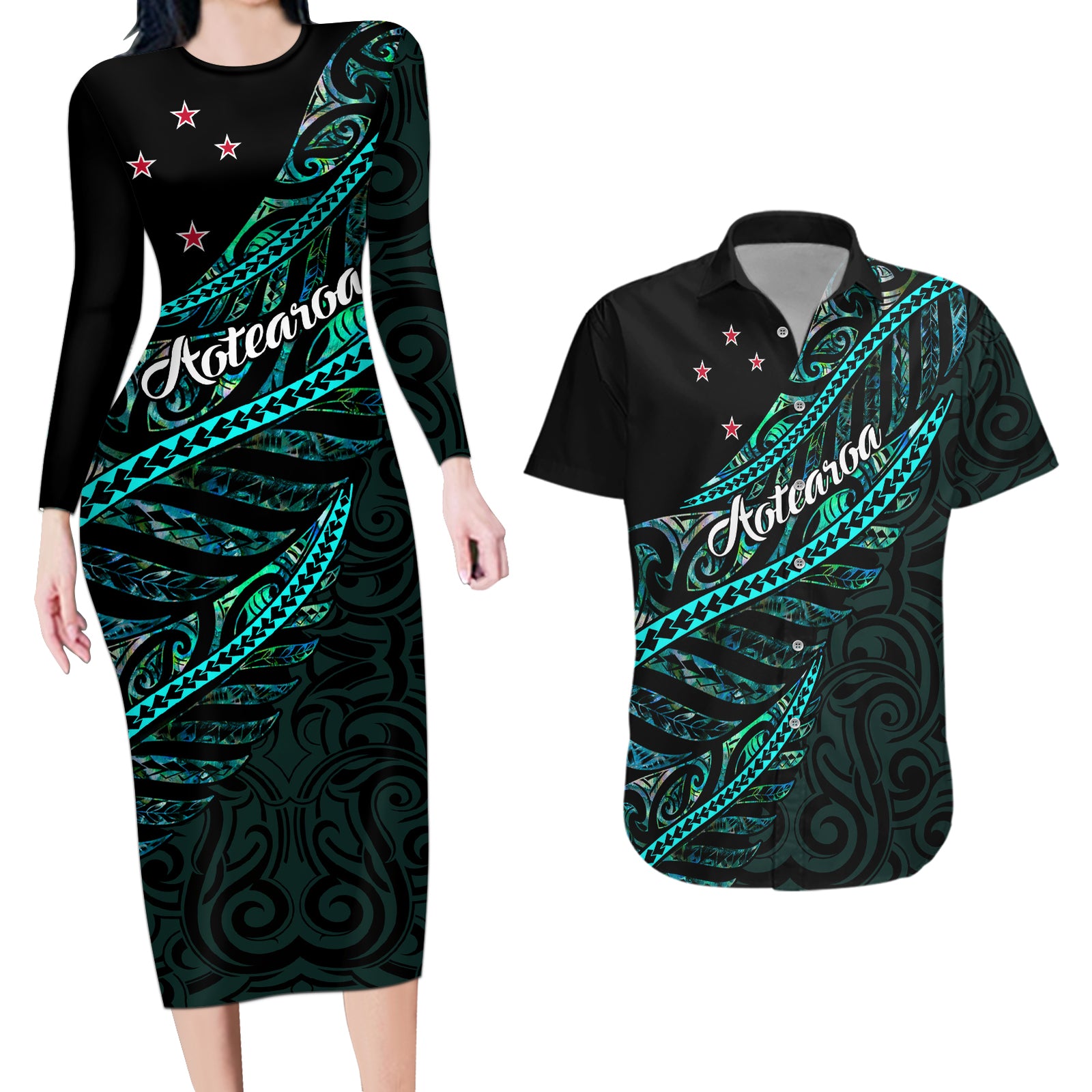 Personalised Aotearoa Couples Matching Long Sleeve Bodycon Dress and Hawaiian Shirt Silver Fern Mix Paua Shell Polynesian Pattern LT01 Black - Polynesian Pride